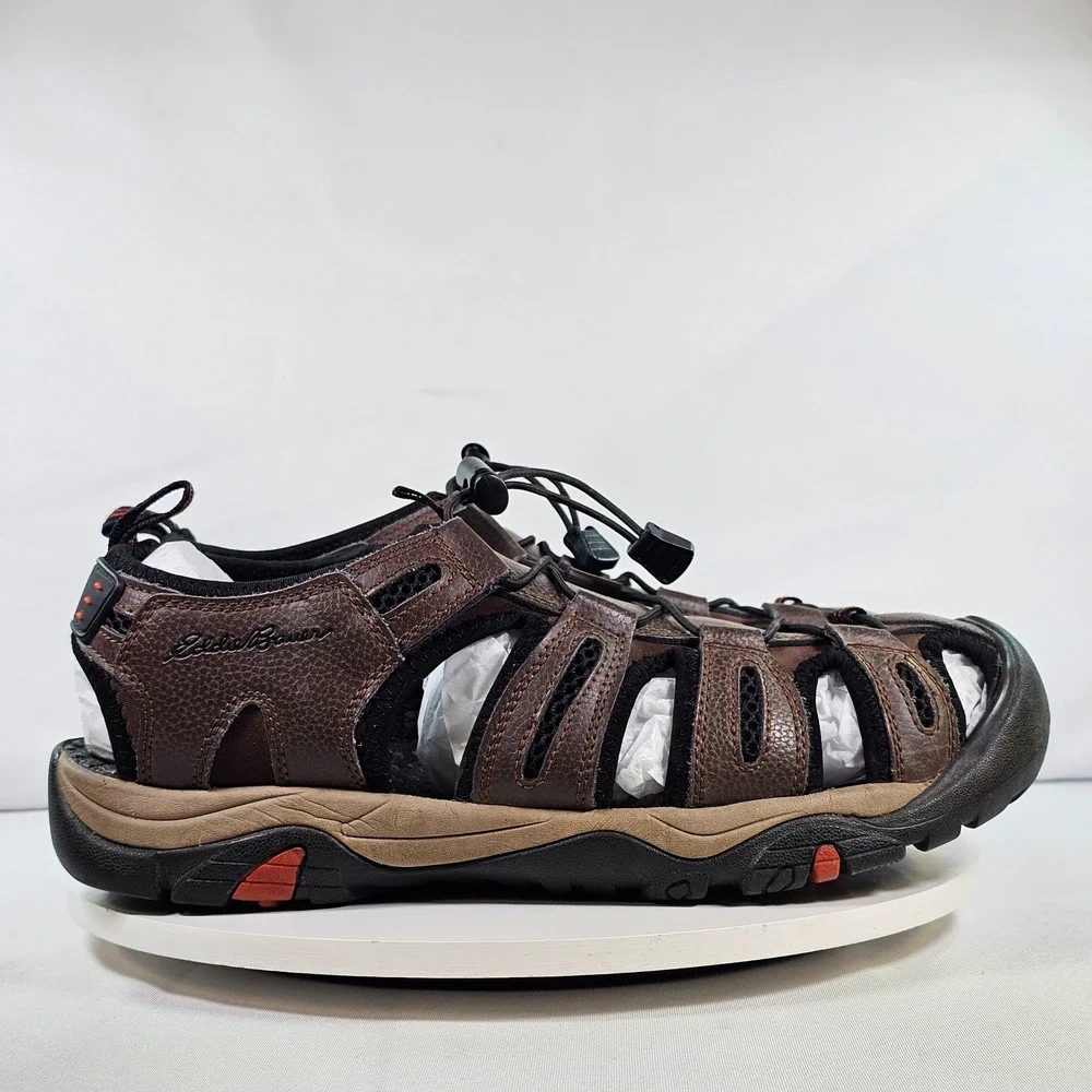 Eddie Bauer Mens 12 Brown Leather Hiking Sandals Closed Toe Water Shoes Bungee